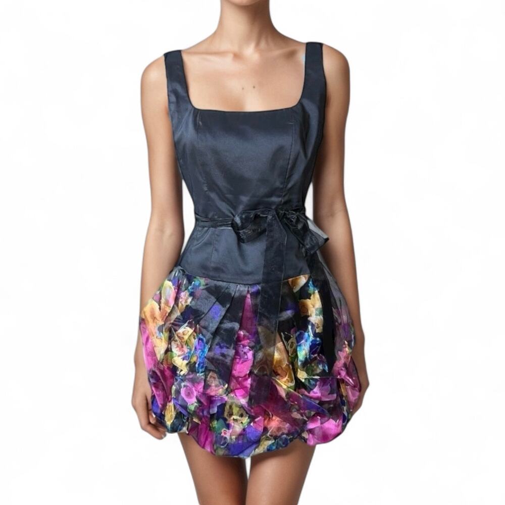 Alex & Eve vintage black floral bubble hem mini dress prom wedding guest Y2K